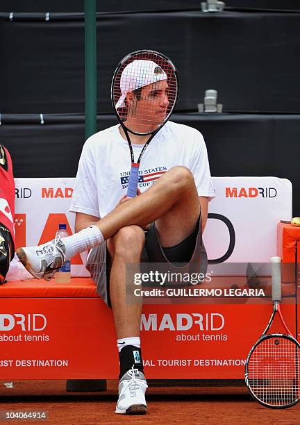 Tennis player John Isner takes part in a training session at La Santamaria bullring in Bogota, Colombia, on September 13, 2010 ahead of the Davis Cup...