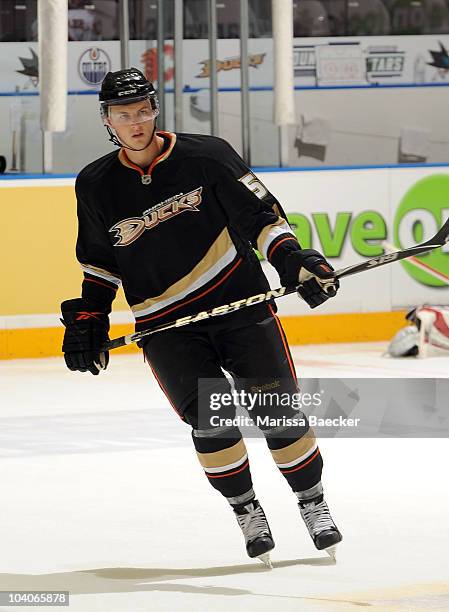 Cam Fowler of the Anaheim Ducks warms up against the Calgary Flames in game 3 of the Young Stars Tournament at the South Okanagan Event Centre on...