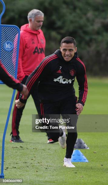 Alexis Sanchez of Manchester United in action during a first team training session at Aon Training Complex on September 26, 2018 in Manchester,...