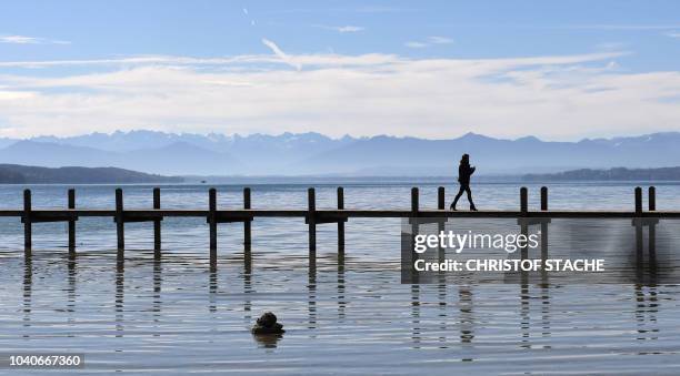 Pedestrian passes a bridge at the shore of the lake 'Starnberger See' near the village of Starnberg, southern Germany, during nice sunny autumn...