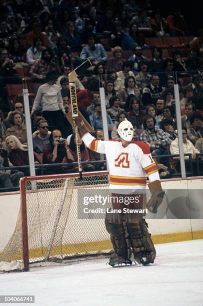 Atlanta Flames goalie Jim Craig acknowledging crowd before game vs Colorado Rockies. 1st regular season NHL game. Atlanta, GA 3/1/1980 CREDIT: Lane...