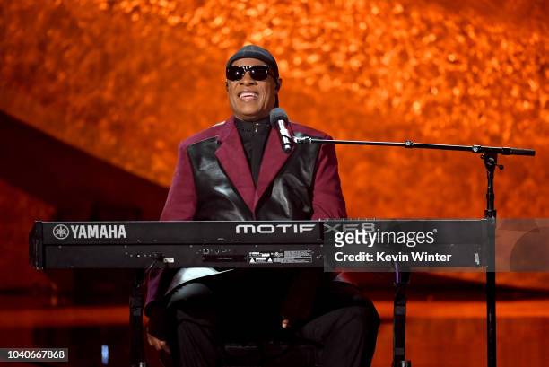 Stevie Wonder performs onstage at Q85: A Musical Celebration for Quincy Jones at the Microsoft Theatre on September 25, 2018 in Los Angeles,...