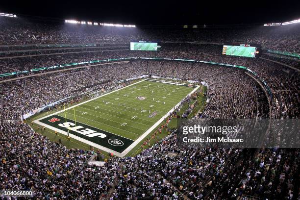 The Baltimore Ravens kickoff to the New York Jets during their home opener at the New Meadowlands Stadium on September 13, 2010 in East Rutherford,...