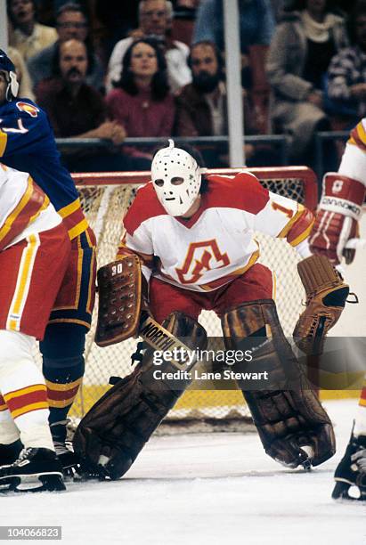 Atlanta Flames goalie Jim Craig in action vs Colorado Rockies. 1st regular season NHL game. Atlanta, GA 3/1/1980 CREDIT: Lane Stewart