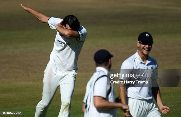 Chris Wright of Warwickshire celebrates after dismissing Grant Stewart of Kent during Day Three of the Specsavers County Championship Division Two...