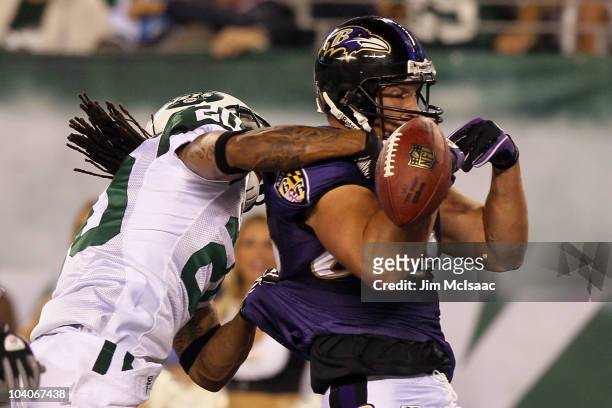 Todd Heap of the Baltimore Ravens misses a pass as he is covered by Kyle Wilson of the New York Jets during their home opener at the New Meadowlands...