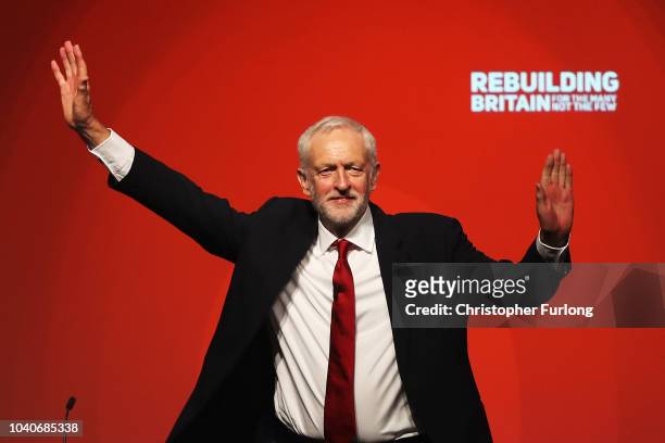 Labour Party leader, Jeremy Corbyn acknowledges delegates following his keynote speech on day four of the Labour Party conference at the Arena and...