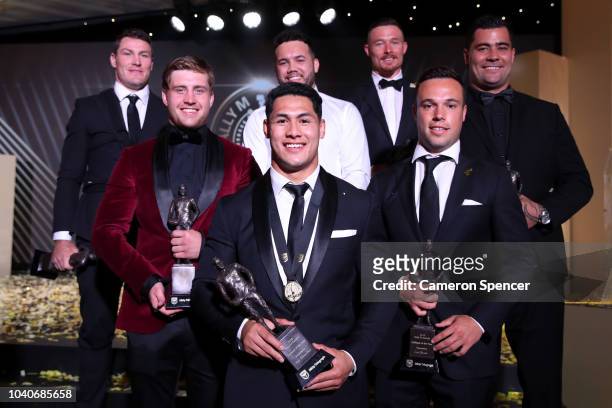 Dally M player of the year Roger Tuivasa-Sheck of the New Zealand Warriors poses on stage with other players named in the Dally M team of the year...