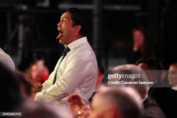 Issac Luke of the Warriors performs a Haka for team mate Roger Tuivasa-Sheck of the Warriors after he received the Dally M Award during the 2018...