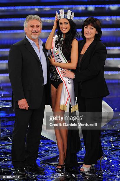 Claudio Testasecca, Francesca Testasecca and Marina Testasecca attend the 2010 Miss Italia beauty pageant at the Palazzetto of Salsomaggiore, on...