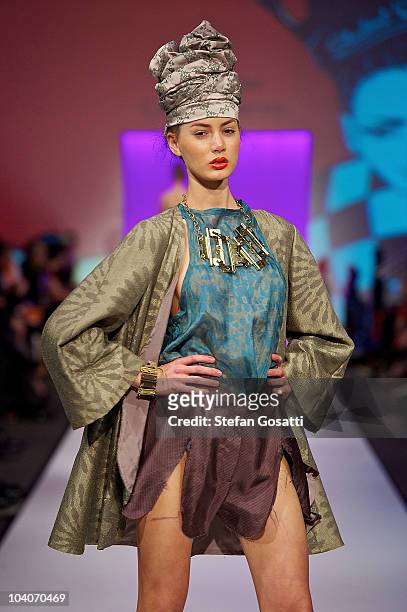 Model showcases designs by Mia Cramer during the Student Runway show as part of Perth Fashion Week 2010 at Fashion Paramount on September 13, 2010 in...