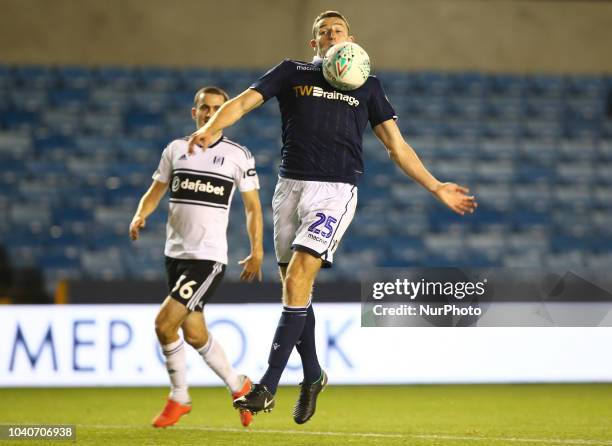 Murray Wallace of Millwall during Carabao Cup 3rd Round match between Millwall and Fulham at The Den Ground, London, England on 25 Sept 2018.