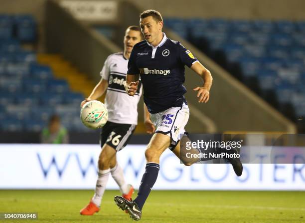 Murray Wallace of Millwall during Carabao Cup 3rd Round match between Millwall and Fulham at The Den Ground, London, England on 25 Sept 2018.