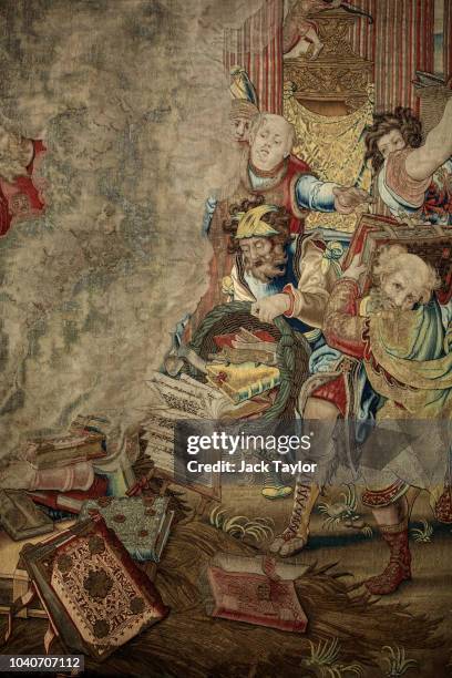 16th Century tapestry depicting St Paul burning heathen books stands in the premises of London tapestry expert and art dealer Simon Franses on...