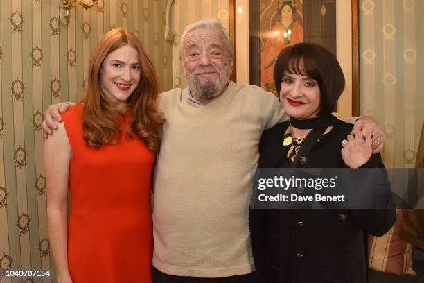 Stephen Sondheim poses backstage with cast members Rosalie Craig and Patti LuPone of the new West End production of "Company" at Gielgud Theatre on...