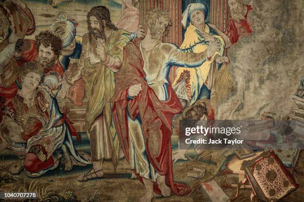 16th Century tapestry depicting St Paul burning heathen books stands in the premises of London tapestry expert and art dealer Simon Franses on...