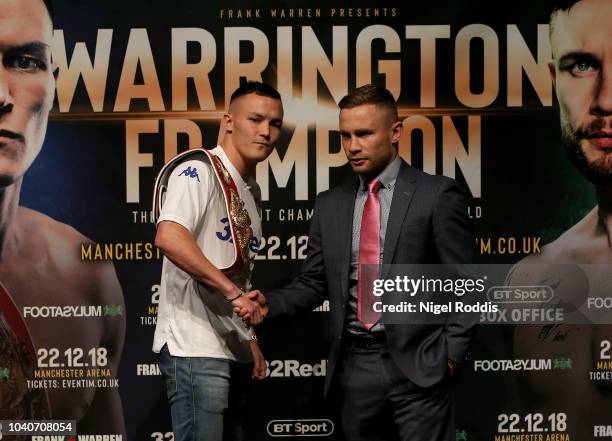 Josh Warrington face off with Carl Frampton during a press conference for the Josh Warrington and Carl Frampton Media Tour on September 26, 2018 in...