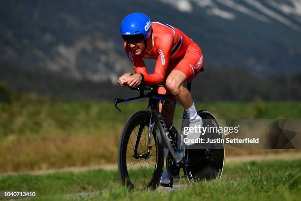 Kristoffer Skjerping of Norway / during the Men Elite Individual Time Trial a 52,5km race from Rattenberg to Innsbruck 582m at the 91st UCI Road...