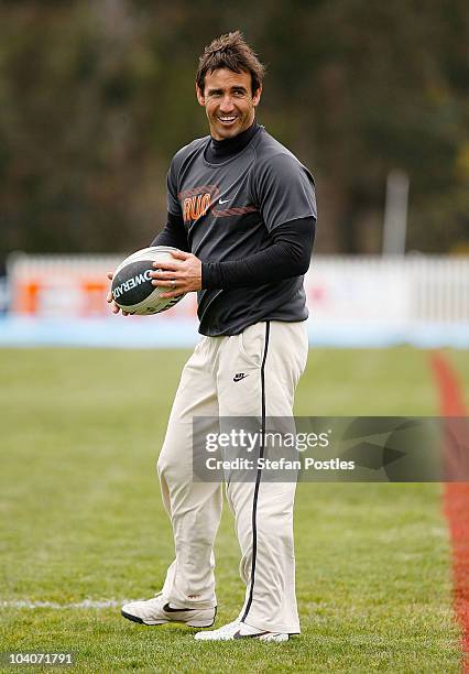 Andrew Johns smiles during a Canberra Raiders NRL training session at Raiders HQ on September 14, 2010 in Canberra, Australia.