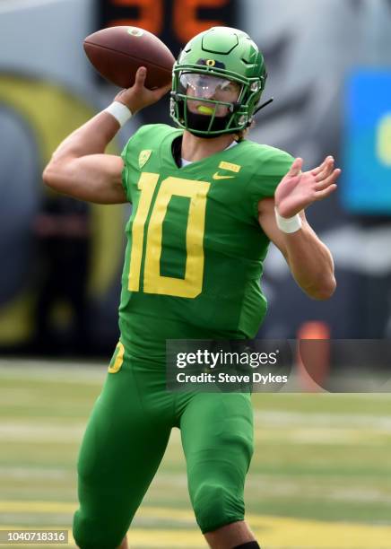 Justin Herbert of the Oregon Ducks passes the ball during the first half of the game against the Portland State Vikings at Autzen Stadium on...