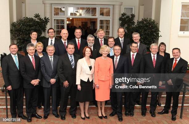 The Australian Prime Minister Julia Gillard poses for a group photo following her being sworn in as Prime Minster by Governor-General Quentin Bryce...