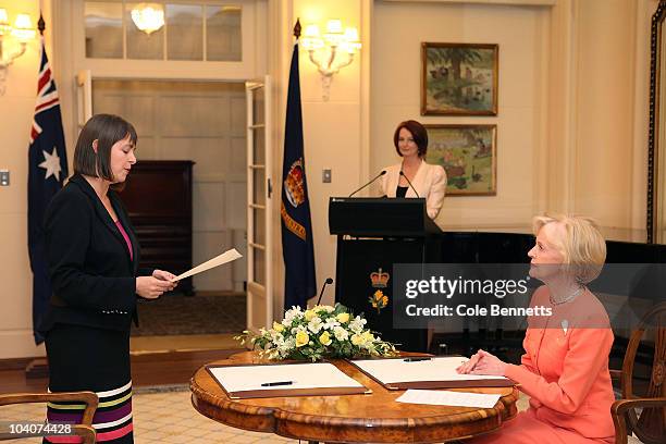 Nicola Roxon, Minister for Health and Ageing is sworn in by the Governor-General Quentin Bryce on September 14, 2010 in Canberra, Australia. The...