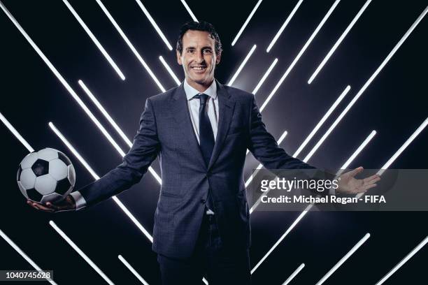 Arsenal manager Unai Emery is pictured inside the photo booth prior to The Best FIFA Football Awards at Royal Festival Hall on September 24, 2018 in...