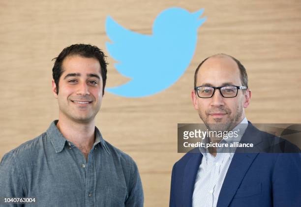 Twitter CEO Dick Costolo and Kayvon Beykpour , founder and CEO of Periscope, pose in an offices of Twitter Germany in Hamburg, Germany, 29 June 2015....