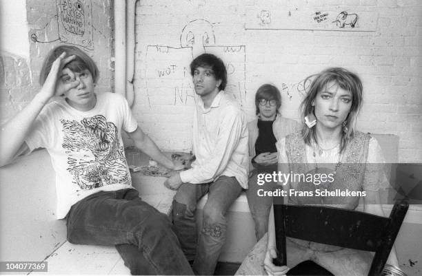 Group portrait of American rock band Sonic Youth, Thurston Moore, Lee Ranaldo, Steve Shelley and Kim Gordon, posing backstage at Paradiso on May 11...