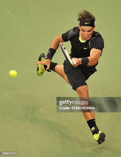 Rafael Nadal of Spain returns a shot to Novak Djokovic of Serbia in the Men's Finals at the US Open 2010 tennis tournament September 13, 2010 in New...