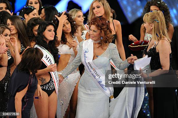 Francesca Testasecca and Sophia Loren attend the 2010 Miss Italia beauty pageant at the Palazzetto of Salsomaggiore, on September 13, 2010 in...