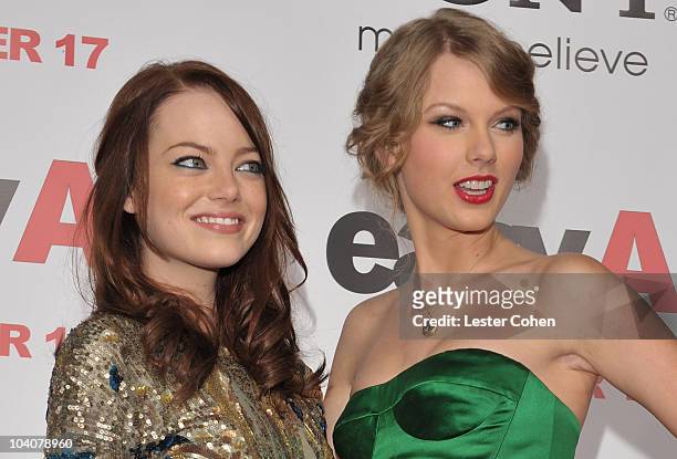 Actress Emma Stone and Taylor Swift arrive at the "Easy A" Los Angeles premiere at Grauman's Chinese Theatre on September 13, 2010 in Hollywood,...