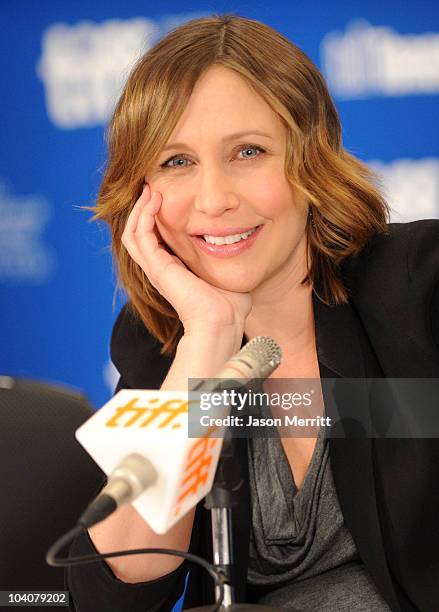 Actress Vera Farmiga speaks at "Henrey's Crime" press conference during the 2010 Toronto International Film Festival at the Hyatt Regency on...