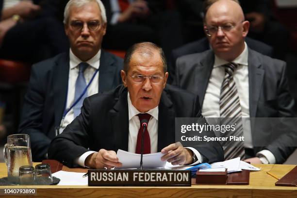 Russian Foreign Minister Sergei Lavrov speaks during a United Nations Security Council meeting that is being chaired by President Donald Trump on...