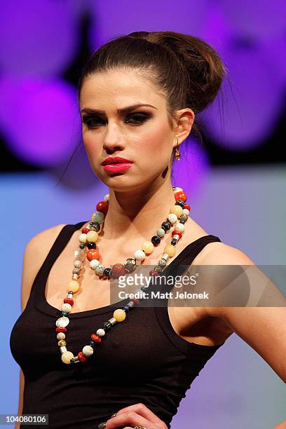 Model showcases Jewellery designs by Jan Logan during the Wesley Quarter catwalk show as part of Perth Fashion Week 2010 at Fashion Paramount on...