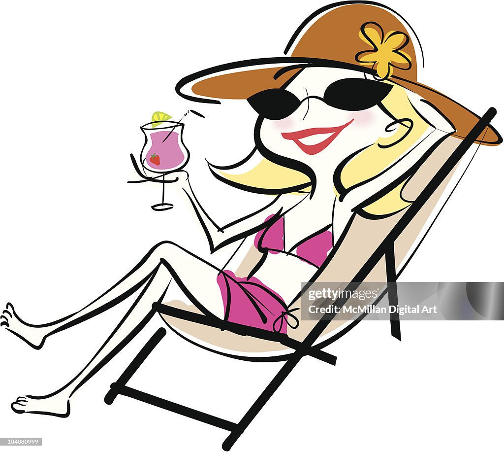 Woman sitting in beach chair, drinking cocktail