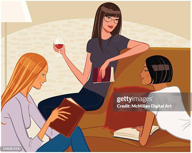 three women discussing book at book club - lying on front stock-grafiken, -clipart, -cartoons und -symbole