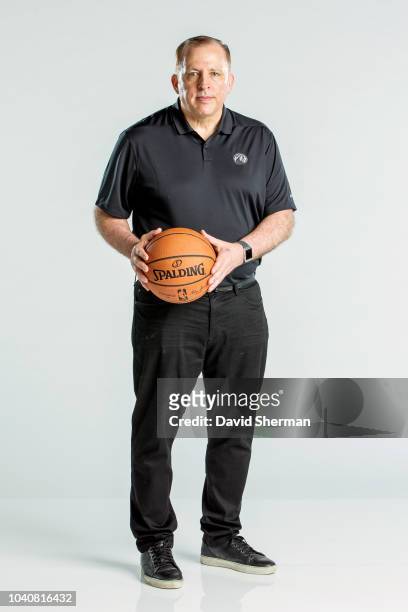 Head Coach Tom Thibodeau of the Minnesota Timberwolves poses for a portrait during the 2018 Media Day on September 24, 2018 at Target Center in...