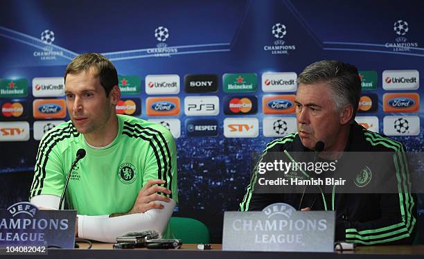 Manager Carlo Ancelotti and goalkeeper Petr Cech look on during the Chelsea press conference, ahead of the UEFA Champions League Group F match...