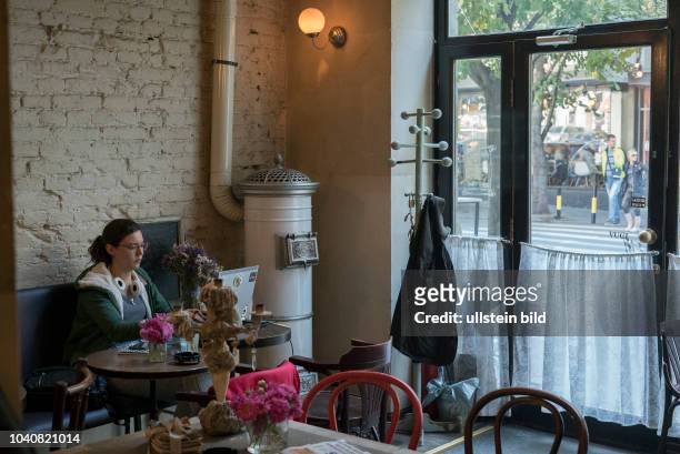 Junge Frau arbeitet am Laptop vor einem alten Ofen in einem Café in Belgrad