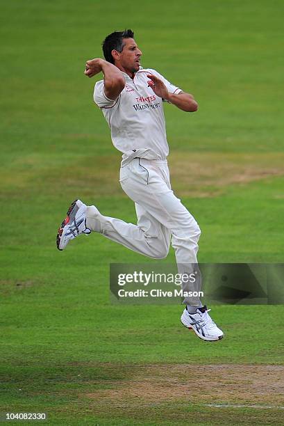 Sajid Mahmood of Lancashire in action bowling during day two of the LV County Championship match between Lancashire and Nottinghamshire at Old...