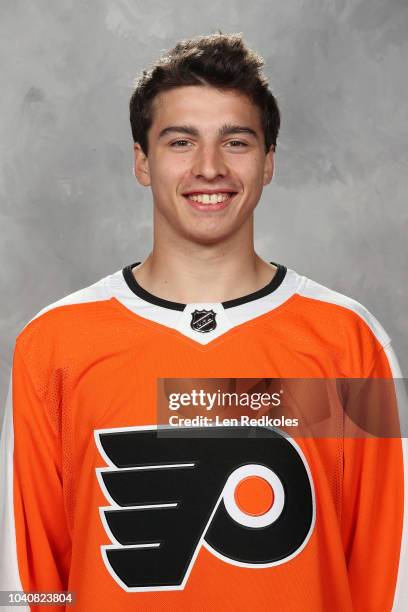 Noah Cates of the Philadelphia Flyers poses for his official headshot for the 2018-2019 season on June 28, 2018 at the Virtua Flyers Skate Zone in...