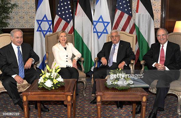 In this image provided by the Israeli Government Press Office , President Mahmoud Abbas and Israeli Prime Minister Benjamin Netanyahu attend a...