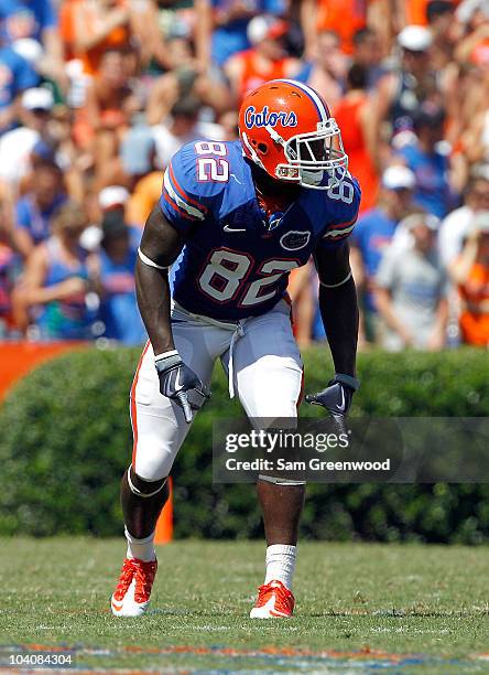 Omarius Hines of the Florida Gators prepares to run a route during a game against the South Florida Bulls at Ben Hill Griffin Stadium on September...