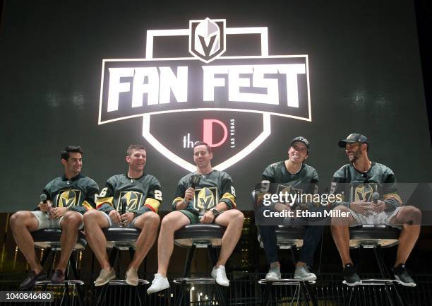 Max Pacioretty, Paul Stastny, Jonathan Marchessault, Marc-Andre Fleury and Deryk Engelland of the Vegas Golden Knights answer questions during the...