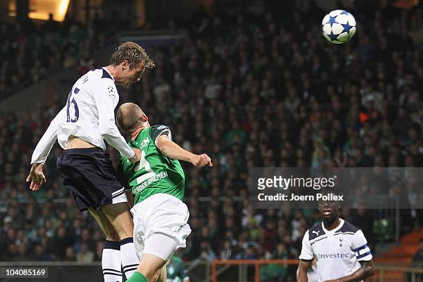 Peter Crouch of Tottenham scores his team's second goal during the UEFA Champions League group A match between SV Werder Bremen and Tottenham Hotspur...