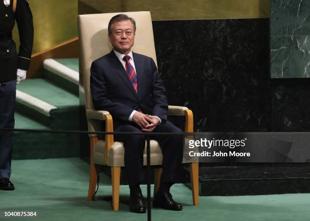 President of South Korea Moon Jae-in prepares to address the United Nations General Assembly on September 26, 2018 in New York City. World leaders...
