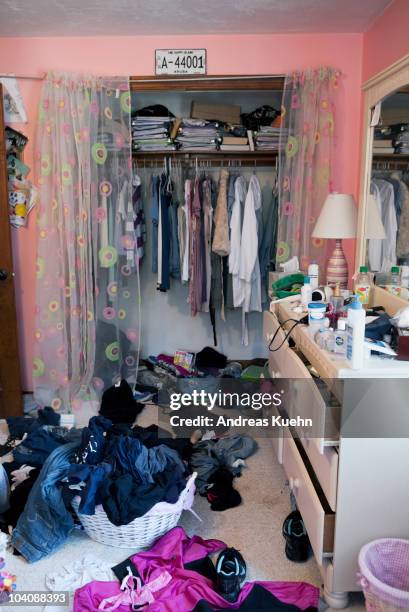 messy 17 year old teenage girl bed room. - messy drawer stock pictures, royalty-free photos & images