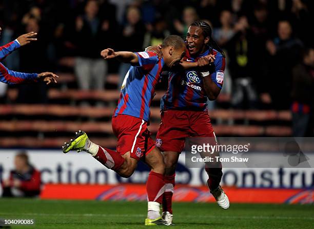James Vaughan of Palace celebrates scoring his hat-trick with Neil Danns of Palace during the npower Championship match between Crystal Palace and...