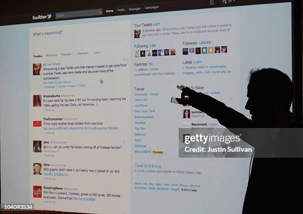 Twitter CEO Evan Williams is seen silhouetted against a screen as he shows off the newly revamped Twitter website on September 14, 2010 at Twitter...